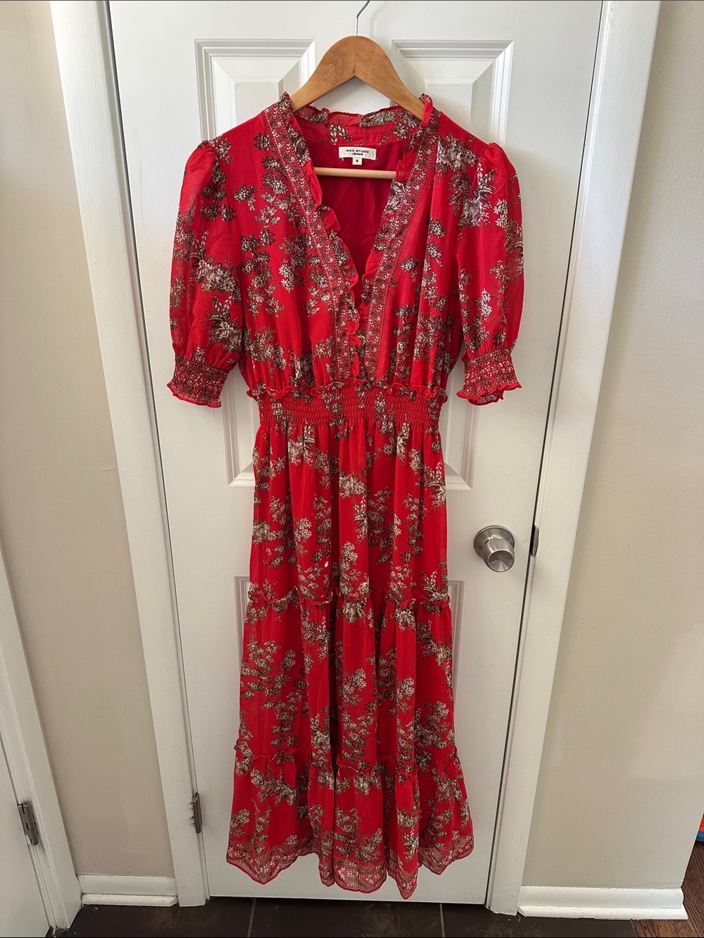 Max Studio Red Floral Maxi Dress with Smocked Waist & Puff Sleeves